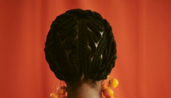 Close up of beautiful braided hair. stock photo