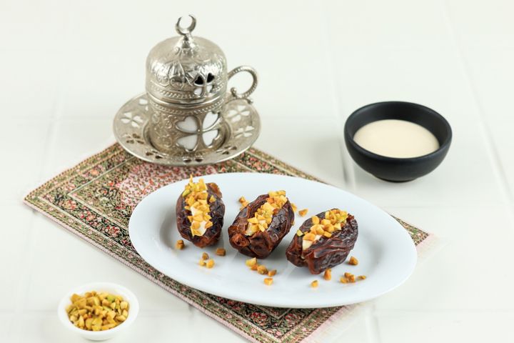 Stuffed Dates with Cream Cheese and Chopped Pistachio Nuts
