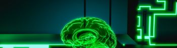 3D rendering of green brain over futuristic machine in laboratory