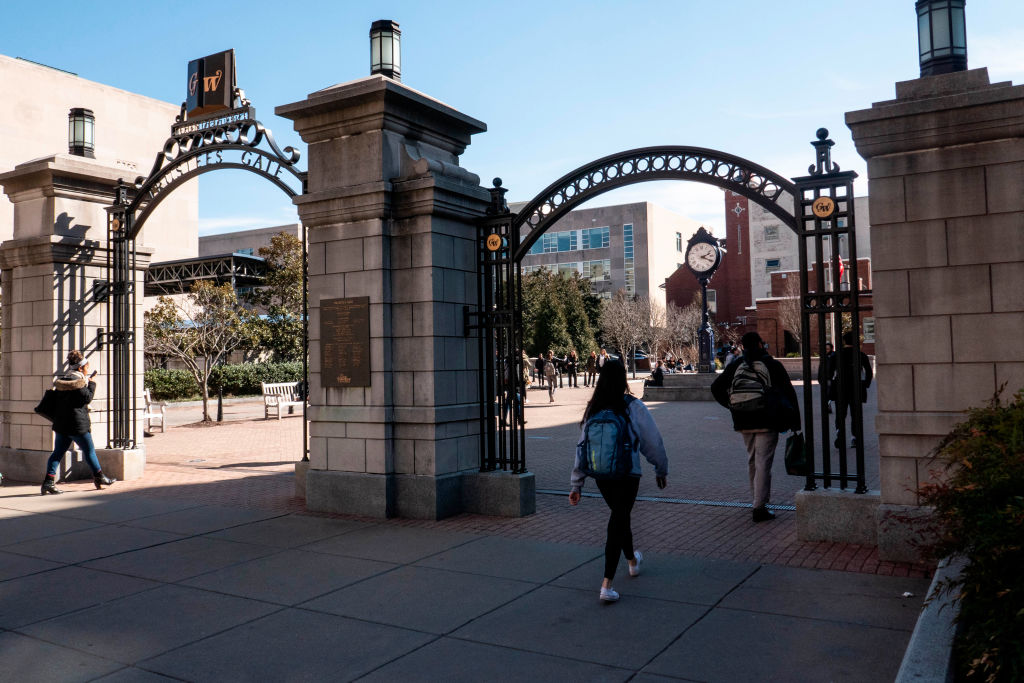 Students enter Kogan Plaza at George Washington University campus, Washington, DC